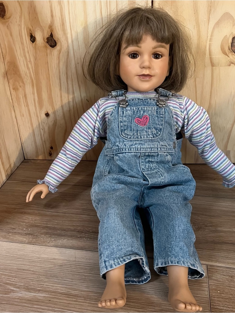 Vintage 1996 My Twinn 23" Doll Brown Hair Eyes Denim Overalls Stripe Shirt Outfi